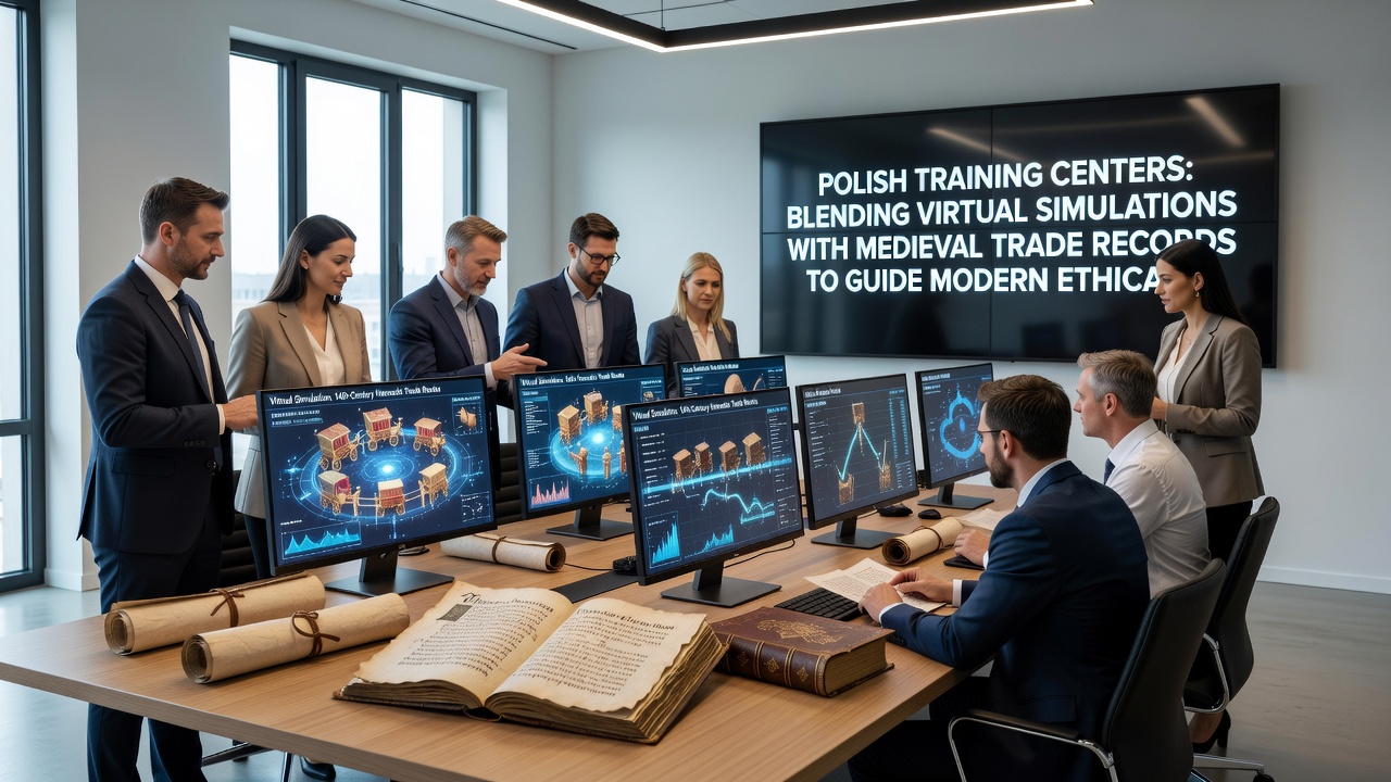 Group of professionals using virtual reality headsets to explore simulated medieval trade routes linked to ethical sourcing metrics