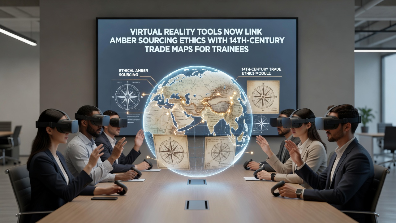Close-up view of a trainee interacting with overlaid historical and current amber trade data inside a virtual simulation